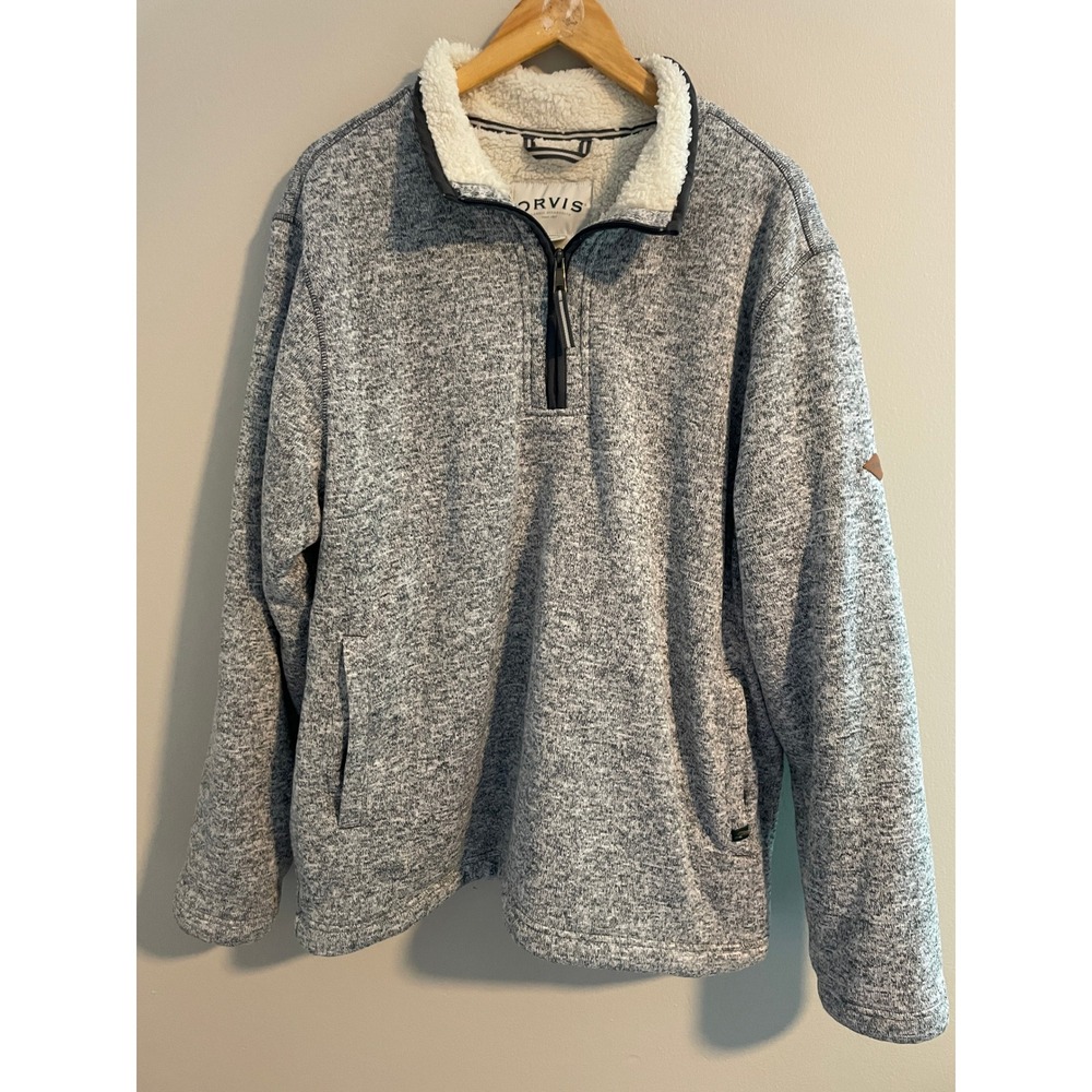 Orvis Mens XL Gray Sherpa Lined 1/4 Zip Pullover Sweater Knit Jacket Outdoor